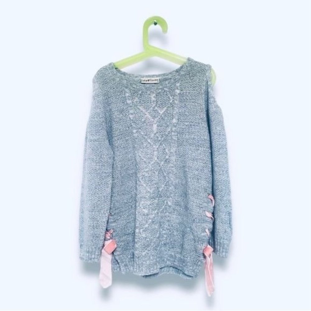 Gray Satin Flowers Grey Sweater with Pink Ribbons. Size 12.